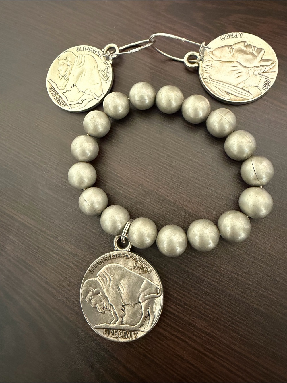 Silver Beaded Bracelet with Buffalo Nickel Charms
